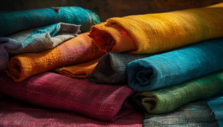 Multi colored textiles stacked in vibrant arrangement generated by AI